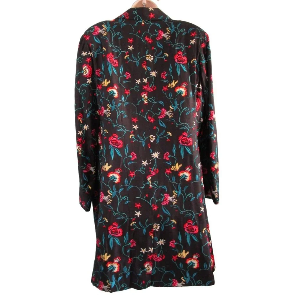 David Brook Floral Embroidered Black Shantung Silk Duster Coat Ladies XL EUC - Picture 3 of 16
